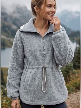 Varley Ashby Cinch-Waist Sherpa Fleece Pullover - Cloud Blue - Size XS oversized